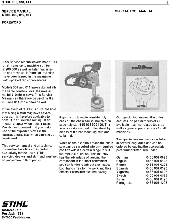 stihl 009 chainsaw service manual
